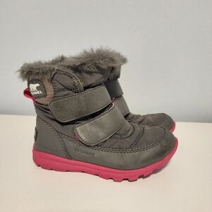 Sorel Little Girls Pink Gray Furry Velcro Closure Snow Winter Boots Size US 11